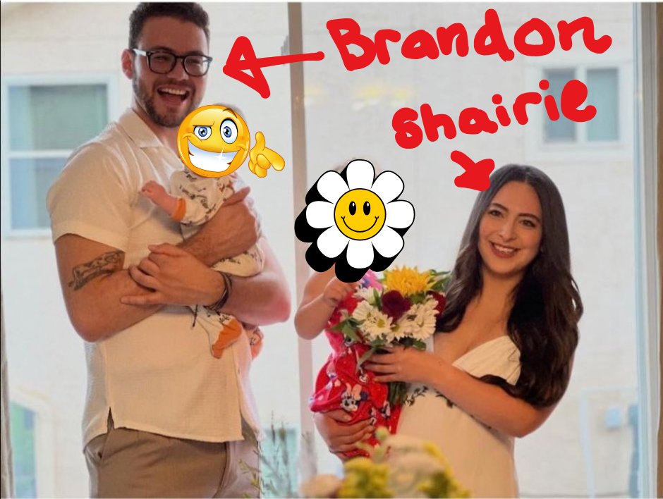 Brandon and Shairie Espino holding their two children, whose faces are covered with stickers