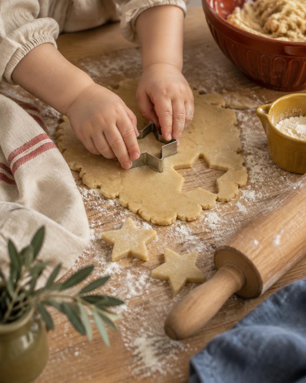 Small hands pressing a star cookie cutter into dough on a floured wooden table